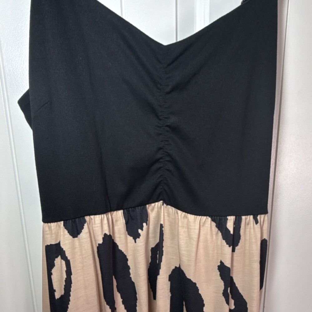 Black Beige Hi-Low Sundress Leopard Print Ruffle Hem V-Neck Strappy Women's XL